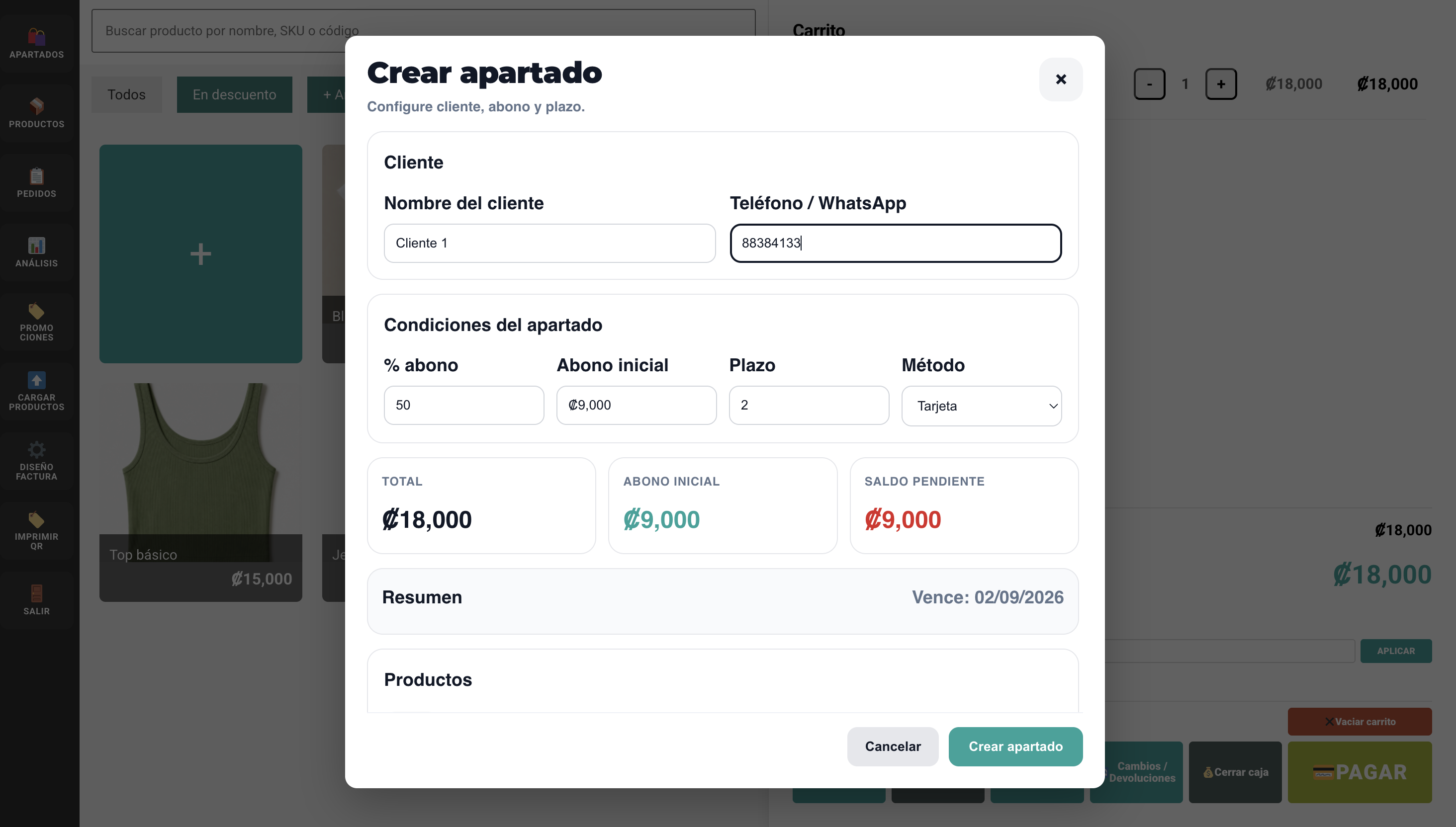 Pantalla real de apartados MUFFU POS