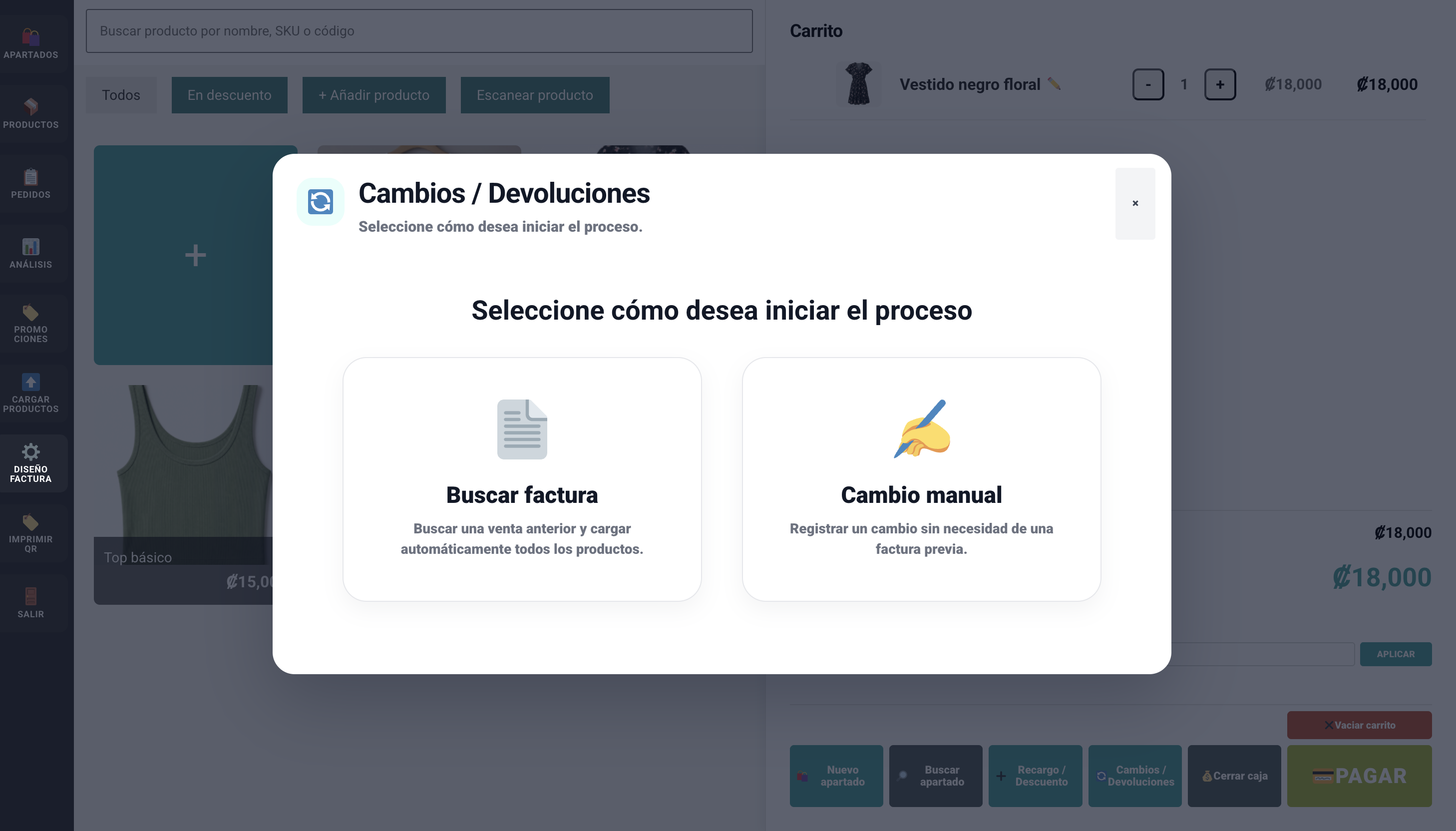 Pantalla real de cambios y devoluciones MUFFU POS
