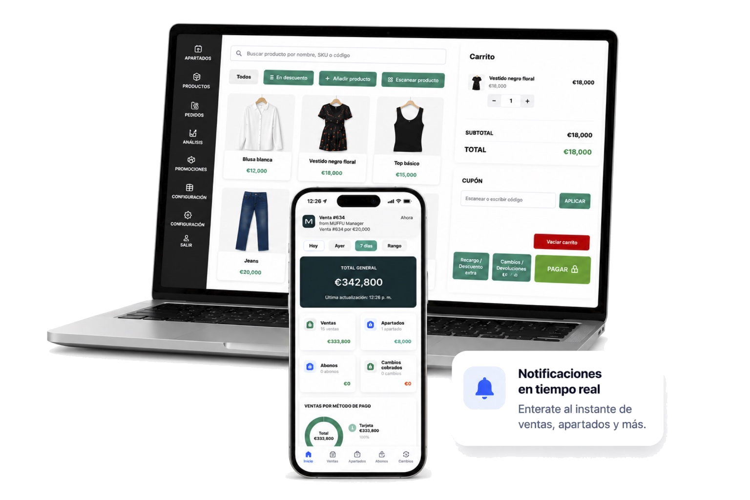 MUFFU POS en computadora y MUFFU Manager en celular
